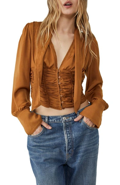 Free People Meet Me There Ruched Button-down Blouse In Amber