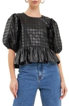 English Factory Puff Sleeve Eyelet Faux Leather Top In Black