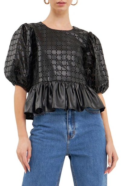 English Factory Puff Sleeve Eyelet Faux Leather Top In Black