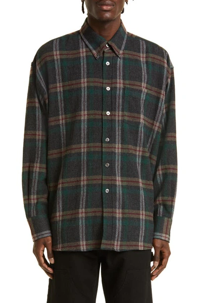 Our Legacy Borrowed Plaid Wool Blend Button-down Shirt In Green