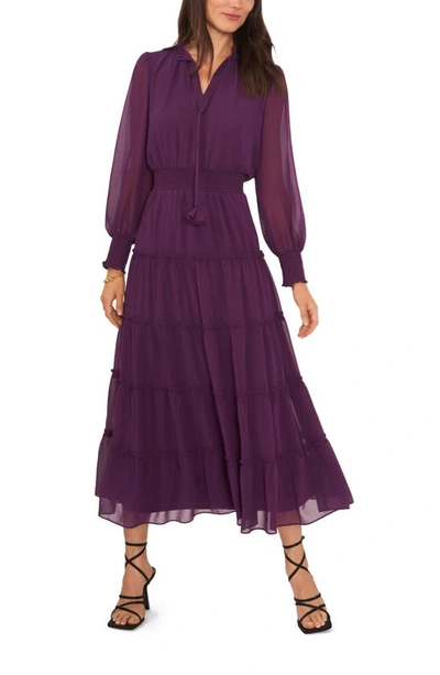 1.state Tie Neck Long Sleeve Tiered Maxi Dress In Plum Purple