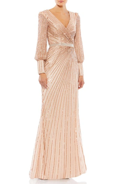 Mac Duggal Sequined Wrap Over Bishop Sleeve Gown In Copper