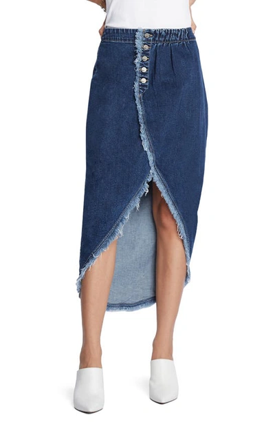 Wash Lab Denim Button Front Denim Faux Wrap Skirt In Shady Blue