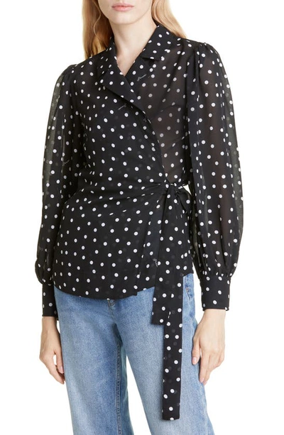 Ganni Printed Light Crepe Wrap Shirt Black Polka Dot In Multi-colored