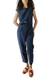 Madri Collection Crossover Front Seersucker Nursing Jumpsuit In Blue Stripe Seersucker