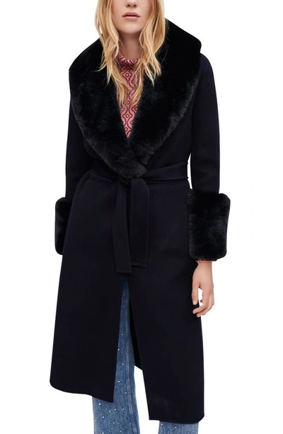 Maje Galaxy Wool & Nylon Coat With Faux Fur Trim In Navy