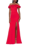 Xscape Off The Shoulder Ruffle Crepe Trumpet Gown In Red