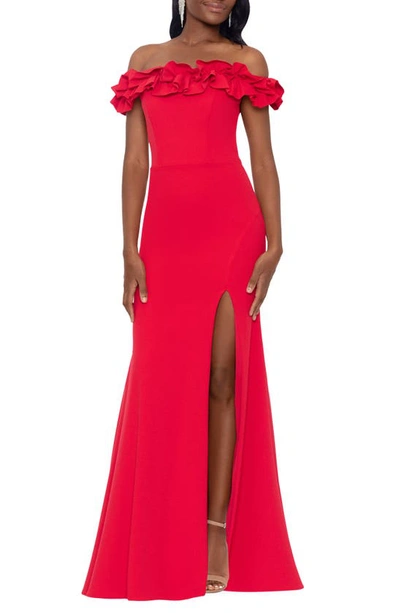 Xscape Off The Shoulder Ruffle Crepe Trumpet Gown In Red