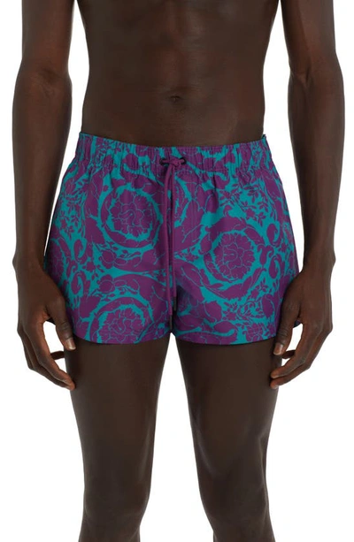 Versace Barocco Print Lycra Swim Shorts In Teal,purple
