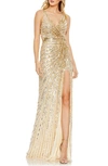 Mac Duggal Sequined Faux Wrap Sleeveless Gown In Gold