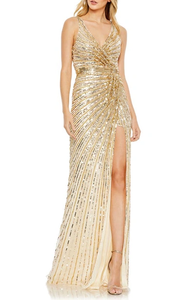 Mac Duggal Sequin Faux Wrap Sleeveless Gown In Gold