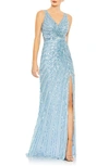 Mac Duggal Sequin Faux Wrap Sleeveless Gown In Ice Blue