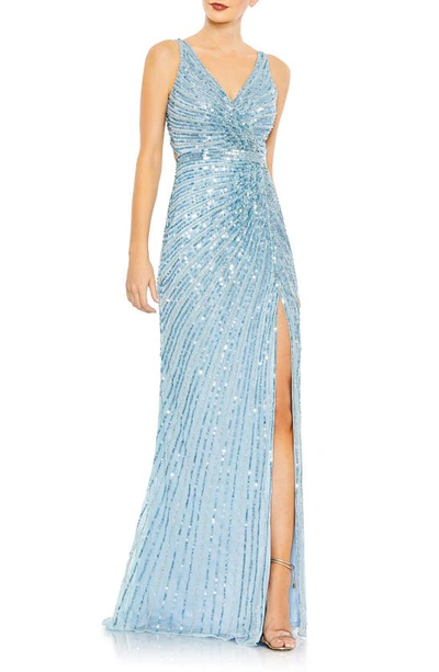 Mac Duggal Sequin Faux Wrap Sleeveless Gown In Ice Blue