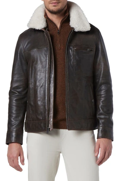 Andrew Marc Wallack Faux Shearling Trim Leather Jacket In Brown