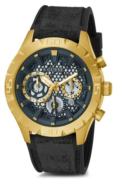 Guess Multifunction Silicone Strap Watch, 46mm X 10.7mm In Gold/black/black