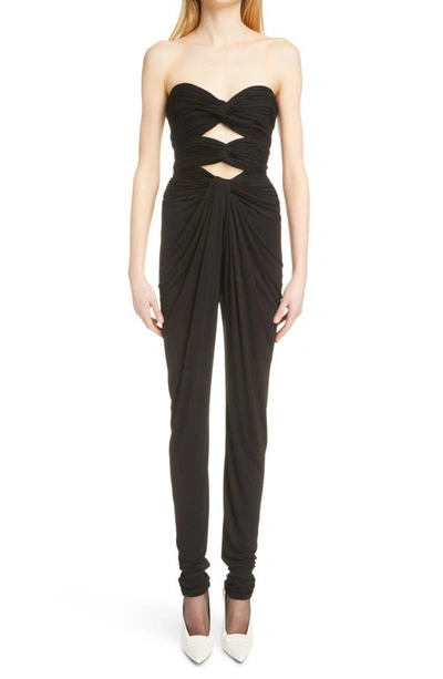 Saint Laurent Strapless Cutout Ruched Jersey Jumpsuit In Black