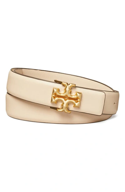 Tory Burch Eleanor Slim Leather Belt In New Cream / Gold