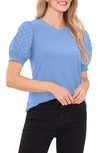 Cece Puff Sleeve Mixed Media Top In Blue Jay