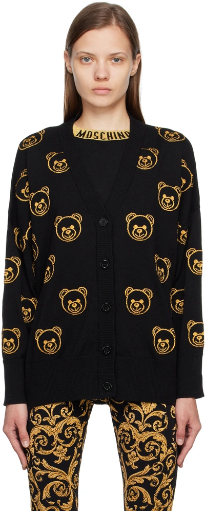 Moschino Wool Knit Jacquard Teddy Cardigan In Black,gold