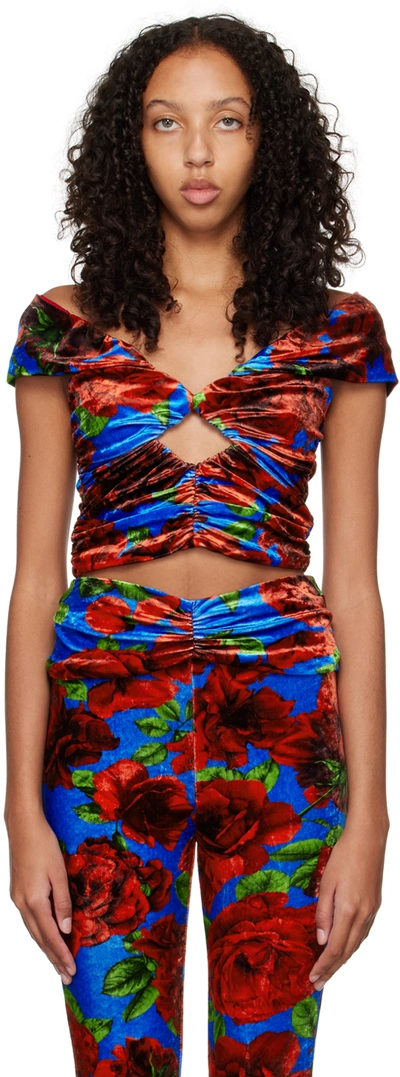 Magda Butrym Off-the-shoulder Cropped Cutout Floral-print Velvet Top In Multicolor