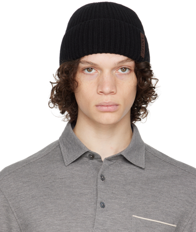 Zegna Logo-patch Knitted Beanie In Black