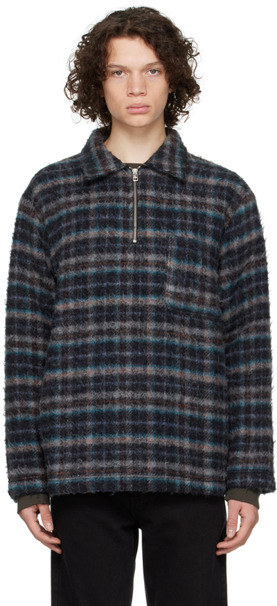 Schnayderman’s Navy Half Zip Check Sweater In Grey, Blue, Orange