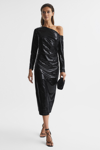 Reiss Womens Sequined One Shoulder Midi Dress In Black