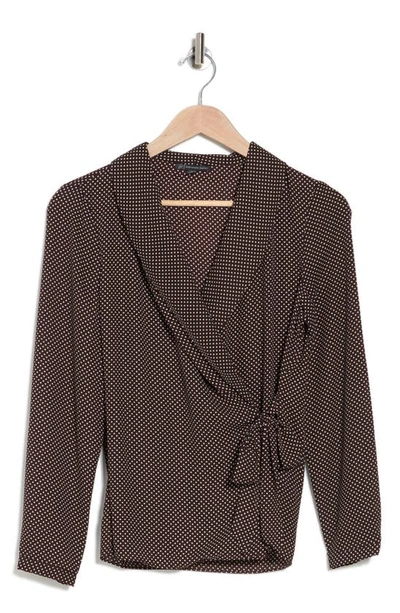 Adrianna Papell Surplice Long Sleeve Blouse In Deep Chocolate/ivory Sml Dot