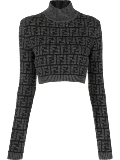 Fendi Monogram Jacquard Cropped Knit Jumper In Black