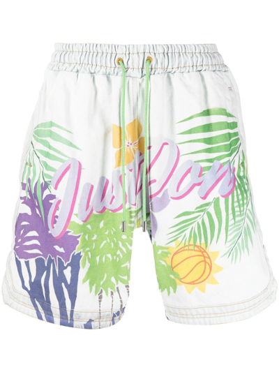 Just Don Hawaii Print Cotton Denim Shorts In Blue