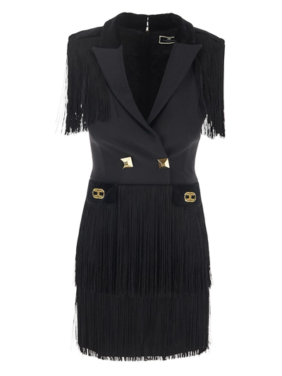 Elisabetta Franchi Velvet Dress With Fringes In Black