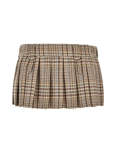 Miu Miu Pleated Tartan-wool Mini Skirt In Cacao