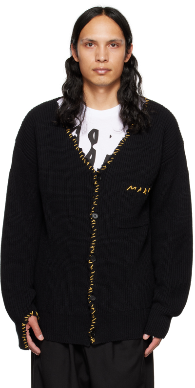 Marni Whipstitched-logo Wool Cardigan In Black