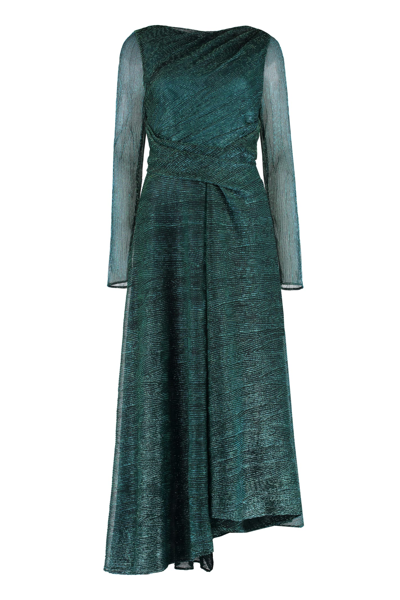 Talbot Runhof Asymmetric Metallic Long-sleeve Midi-dress In Emerald