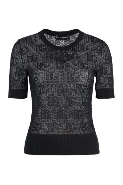 Dolce & Gabbana 18gg Intarsia-logo Lace Short-sleeve Sweater In Black
