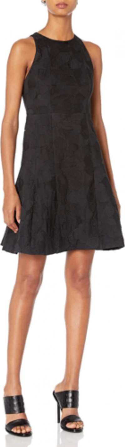 Pre-owned Halston Women's Sleeveless High Neck Tulip Skirt Jacquard Dress In Black