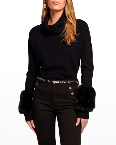 Ramy Brook Sistene Faux Fur Turtleneck Sweater In Black