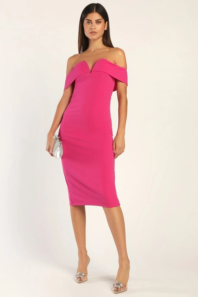 Lulus My Favorite Night Pink Off-the-shoulder Bodycon Midi Dress