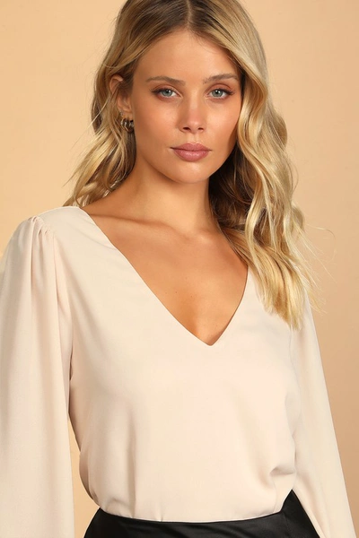 Lulus Stylish And Sincere Beige Long Sleeve V-neck Top