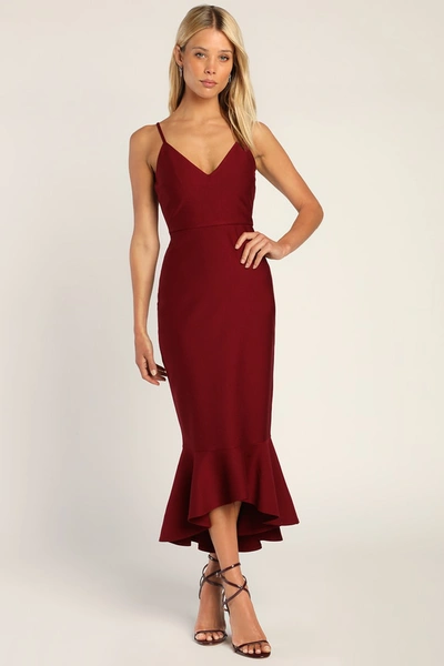 Lulus Stun Like Me Wine Red Bodycon Trumpet Hem Midi Dress