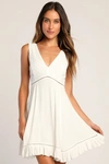 Lulus Endlessly Enticing White Embroidered Babydoll Mini Dress In White