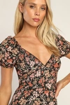 Lulus Meadow Muse Black Floral Tie-back Puff Sleeve Midi Dress In Black