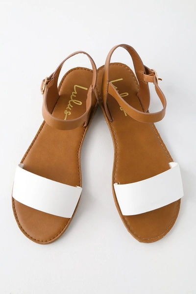 Lulus Hearts And Hashtags White And Tan Flat Sandal Heels