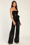 Lulus Flirty Moves Black Sequin Strapless Wide-leg Jumpsuit In Black