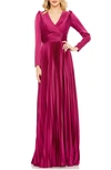 Mac Duggal Pleated Long Sleeve Chiffon A-line Gown In Magenta