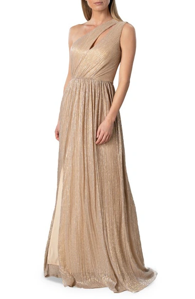 Dress The Population Shimmer Cutout Detail One-shoulder Gown In Gold