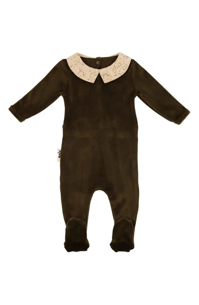 Maniere Babies' Floral Collar Velour Footie In Olive Green