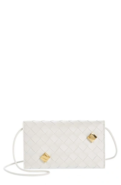 Bottega Veneta Embellished Intrecciato Leather Wallet On A Strap In Chalk-m Brass