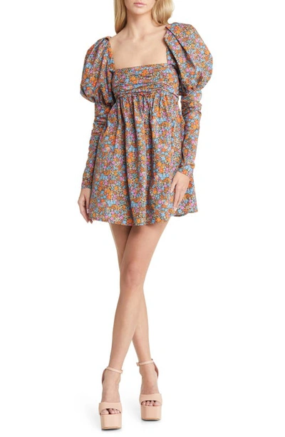For Love & Lemons Brittany Floral Long Sleeve Organic Cotton Babydoll Minidress In Blue