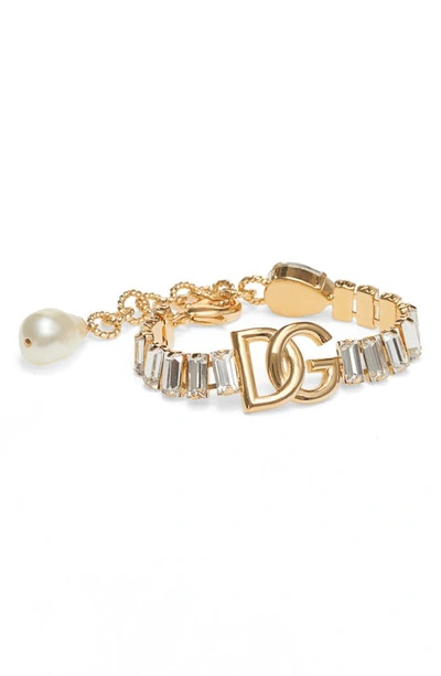 Dolce & Gabbana Dg Logo Imitation Pearl & Crystal Bracelet In Gold